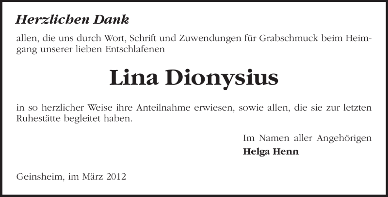  Traueranzeige für Lina Dionysius vom 09.03.2012 aus Rüsselsheimer Echo, Groß-Gerauer-Echo, Ried Echo