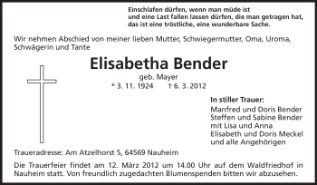 Traueranzeige von Elisabetha Bender von Rüsselsheimer Echo, Groß-Gerauer-Echo, Ried Echo