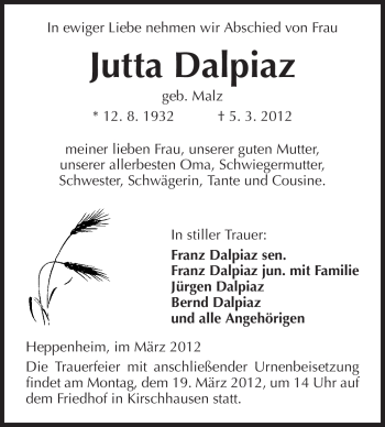 Traueranzeige von Jutta Dalpiaz von Starkenburger Echo