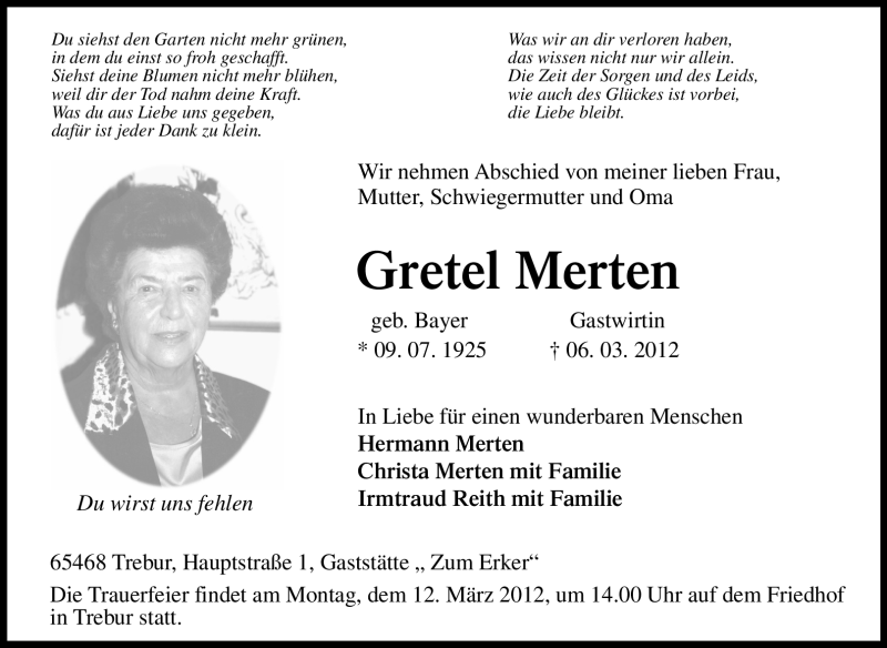  Traueranzeige für Gretel Merten vom 10.03.2012 aus Rüsselsheimer Echo, Groß-Gerauer-Echo, Ried Echo