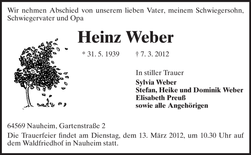  Traueranzeige für Heinz Weber vom 10.03.2012 aus Rüsselsheimer Echo, Groß-Gerauer-Echo, Ried Echo