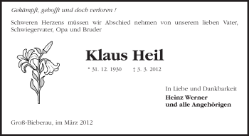 Traueranzeige von Klaus Heil von Darmstädter Echo, Odenwälder Echo, Rüsselsheimer Echo, Groß-Gerauer-Echo, Ried Echo