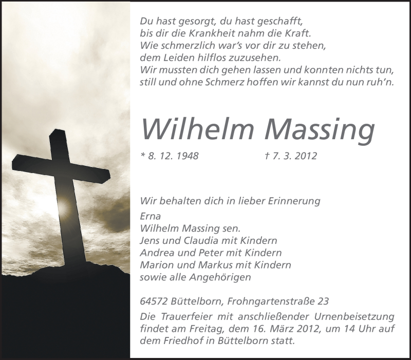 Traueranzeige für Wilhelm Massing vom 14.03.2012 aus Rüsselsheimer Echo, Groß-Gerauer-Echo, Ried Echo