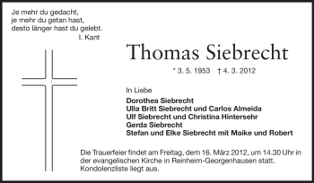 Traueranzeige von Thomas Siebrecht von Echo-Zeitungen (Gesamtausgabe)