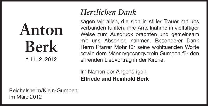  Traueranzeige für Anton Berk vom 10.03.2012 aus Odenwälder Echo