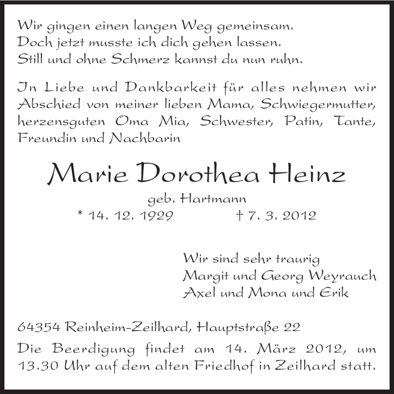  Traueranzeige für Marie Dorothea Heinz vom 10.03.2012 aus Echo-Zeitungen (Gesamtausgabe)
