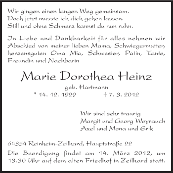 Traueranzeige von Marie Dorothea Heinz von Echo-Zeitungen (Gesamtausgabe)