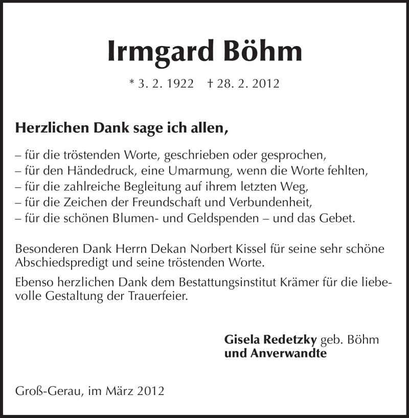  Traueranzeige für Irmgard Böhm vom 10.03.2012 aus Rüsselsheimer Echo, Groß-Gerauer-Echo, Ried Echo