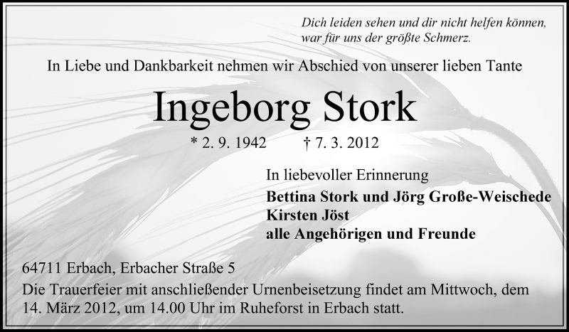  Traueranzeige für Ingeborg Stork vom 10.03.2012 aus Odenwälder Echo