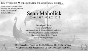 Traueranzeige von Sean Maholick von Echo-Zeitungen (Gesamtausgabe)
