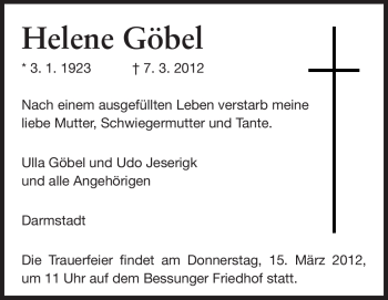 Traueranzeige von Helene Göbel von Echo-Zeitungen (Gesamtausgabe)