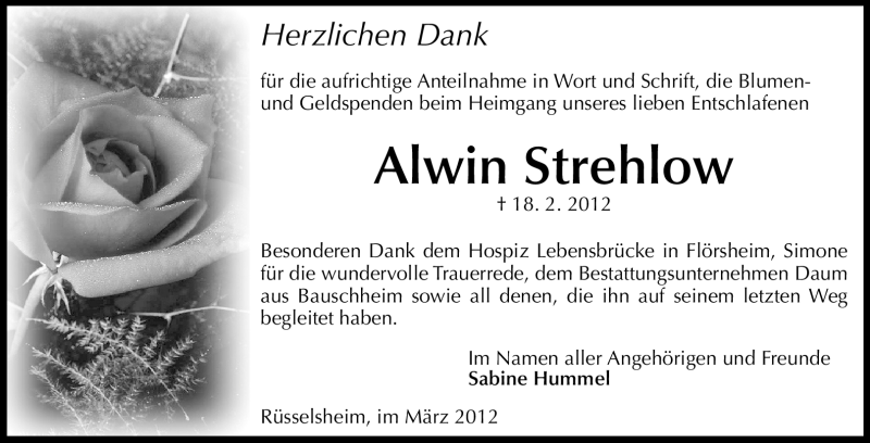  Traueranzeige für Alwin Strehlow vom 10.03.2012 aus Rüsselsheimer Echo, Groß-Gerauer-Echo, Ried Echo