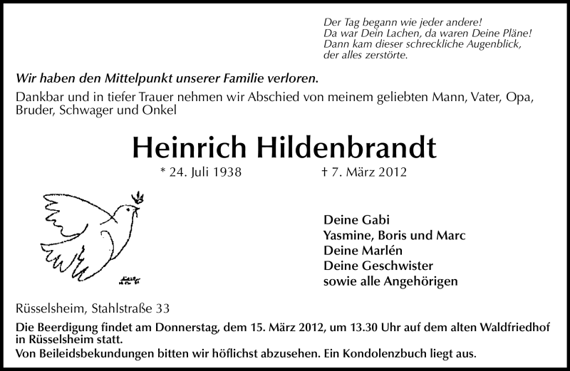  Traueranzeige für Heinrich Hildebrandt vom 10.03.2012 aus Rüsselsheimer Echo, Groß-Gerauer-Echo, Ried Echo