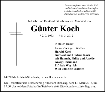 Traueranzeige von Günter Koch von Odenwälder Echo