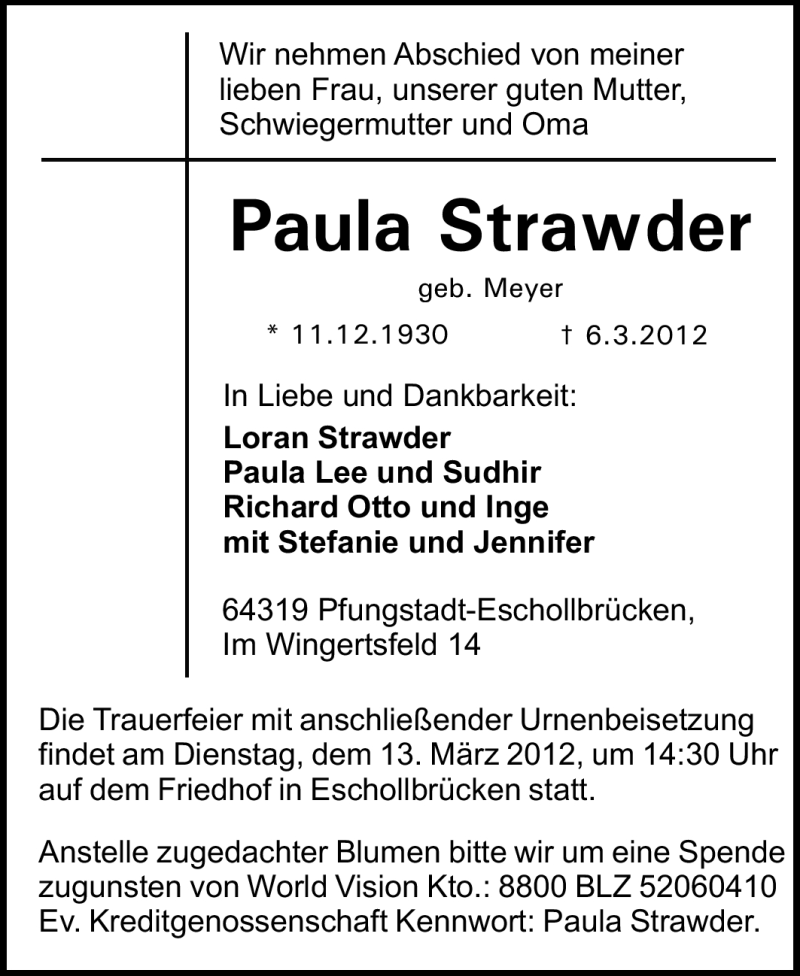  Traueranzeige für Paula Strawder vom 10.03.2012 aus Echo-Zeitungen (Gesamtausgabe)