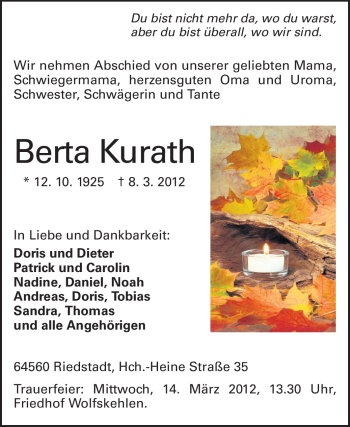 Traueranzeige von Berta Kurath von Rüsselsheimer Echo, Groß-Gerauer-Echo, Ried Echo