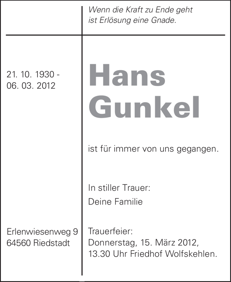  Traueranzeige für Hans Gunkel vom 12.03.2012 aus Rüsselsheimer Echo, Groß-Gerauer-Echo, Ried Echo