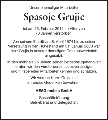 Traueranzeige von Spasoje Grujic von Echo-Zeitungen (Gesamtausgabe)