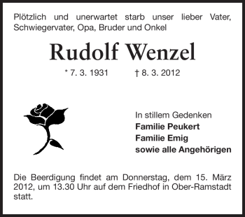 Traueranzeige von Rudolf Wenzel von Darmstädter Echo, Odenwälder Echo, Rüsselsheimer Echo, Groß-Gerauer-Echo, Ried Echo