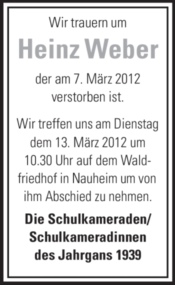 Traueranzeige von Heinz Weber von Rüsselsheimer Echo, Groß-Gerauer-Echo, Ried Echo