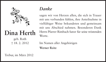 Traueranzeige von Dina Herth von Rüsselsheimer Echo, Groß-Gerauer-Echo, Ried Echo
