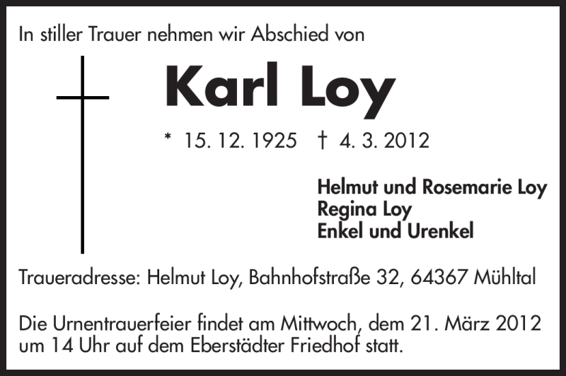  Traueranzeige für Karl Loy vom 17.03.2012 aus Echo-Zeitungen (Gesamtausgabe)
