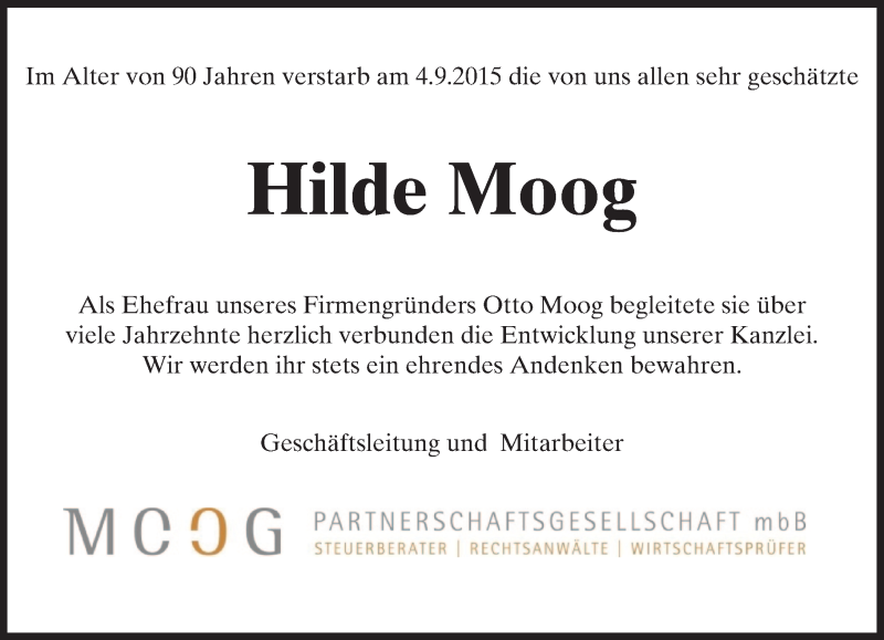  Traueranzeige für Hilde Moog vom 09.09.2015 aus trauer.echo-online.de