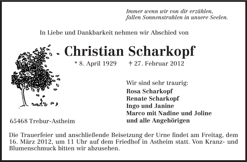  Traueranzeige für Christian Scharkopf vom 13.03.2012 aus Rüsselsheimer Echo, Groß-Gerauer-Echo, Ried Echo