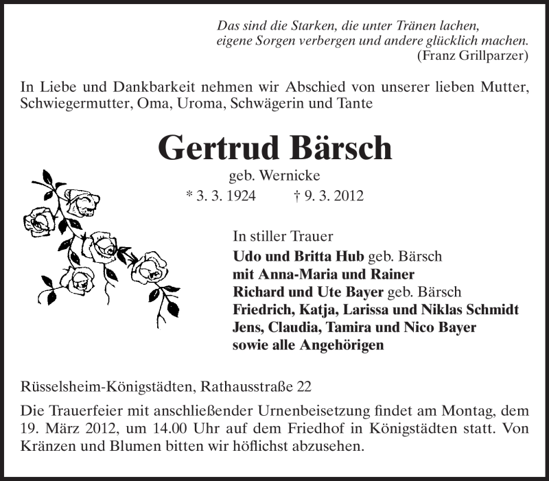  Traueranzeige für Gertrud Bärsch vom 14.03.2012 aus Rüsselsheimer Echo, Groß-Gerauer-Echo, Ried Echo