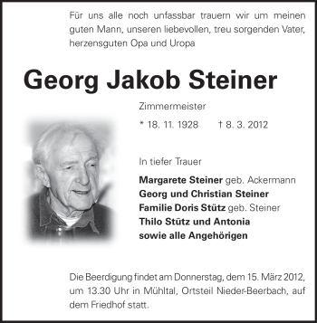 Traueranzeige von Georg Jakob Steiner von Echo-Zeitungen (Gesamtausgabe)