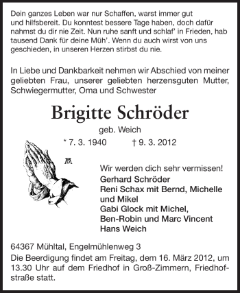 Traueranzeige von Brigitte Schröder von Echo-Zeitungen (Gesamtausgabe)