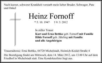 Traueranzeige von Heinz Fornoff von Odenwälder Echo