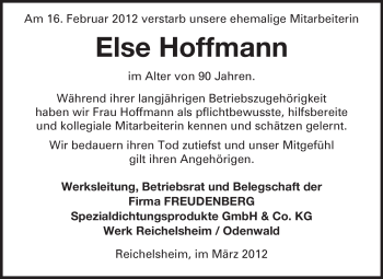 Traueranzeige von Else Hoffmann von Odenwälder Echo