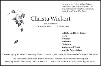 Traueranzeige von Christa Wickert von Starkenburger Echo, Bergsträßer Anzeiger