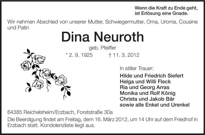  Traueranzeige für Dina Neuroth vom 14.03.2012 aus Odenwälder Echo