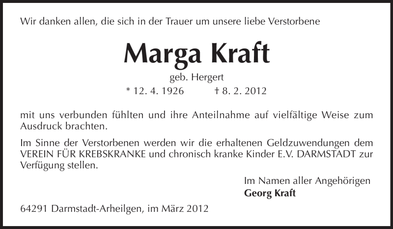  Traueranzeige für Marga Kraft vom 14.03.2012 aus Echo-Zeitungen (Gesamtausgabe)