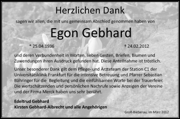 Traueranzeige von Egon Gebhard von Echo-Zeitungen (Gesamtausgabe)