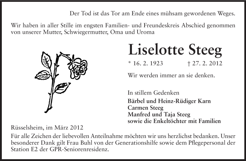  Traueranzeige für Liselotte Steeg vom 17.03.2012 aus Rüsselsheimer Echo, Groß-Gerauer-Echo, Ried Echo