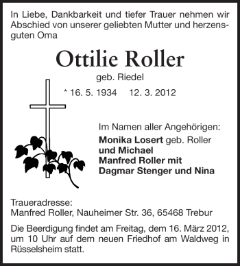 Traueranzeige von Ottilie Roller von Rüsselsheimer Echo, Groß-Gerauer-Echo, Ried Echo