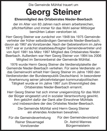 Traueranzeige von Georg Jakob Steiner von Echo-Zeitungen (Gesamtausgabe)