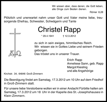 Traueranzeige von Christel Rapp von Echo-Zeitungen (Gesamtausgabe)