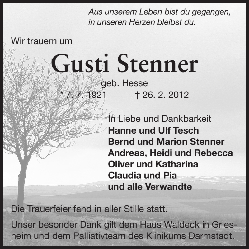  Traueranzeige für Gusti Stenner vom 17.03.2012 aus Darmstädter Echo, Odenwälder Echo, Rüsselsheimer Echo, Groß-Gerauer-Echo, Ried Echo