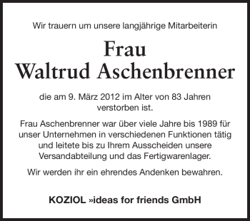 Traueranzeige von Waltrud Aschenbrenner von Odenwälder Echo