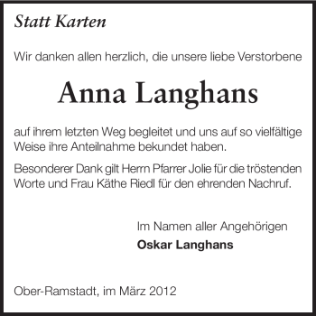 Traueranzeige von Anna Langhans von Echo-Zeitungen (Gesamtausgabe)