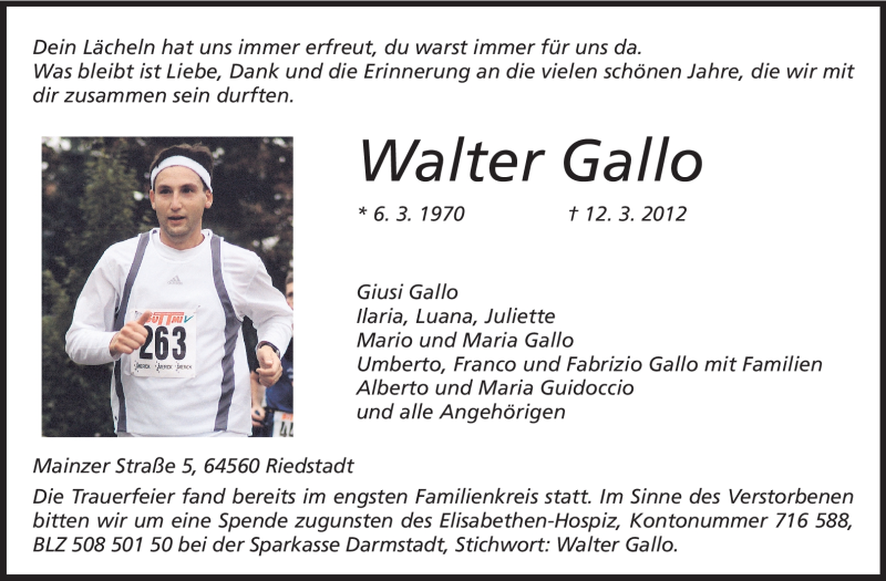 Traueranzeige für Walter Gallo vom 17.03.2012 aus Echo-Zeitungen (Gesamtausgabe)