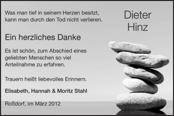 Traueranzeige von Dieter Hinz von Echo-Zeitungen (Gesamtausgabe)