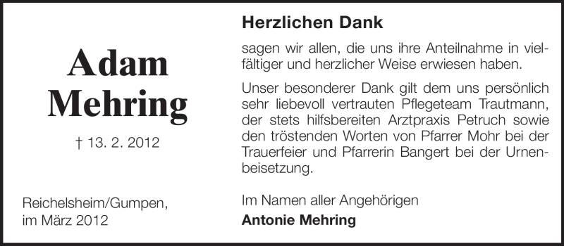  Traueranzeige für Adam Mehring vom 17.03.2012 aus Echo-Zeitungen (Gesamtausgabe)