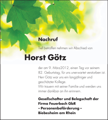 Traueranzeige von Horst Götz von Echo-Zeitungen (Gesamtausgabe)