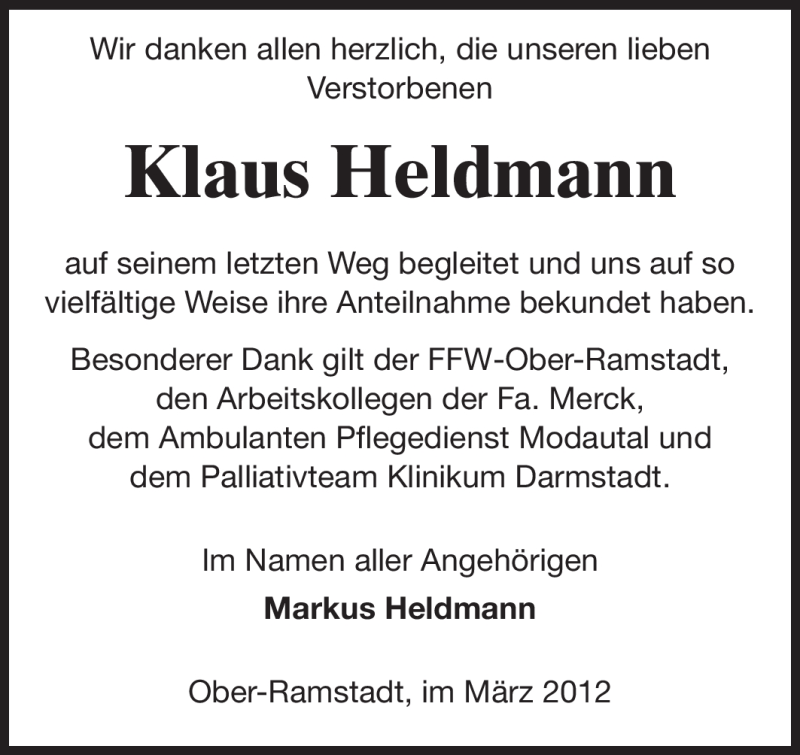  Traueranzeige für Klaus Heldmann vom 17.03.2012 aus Echo-Zeitungen (Gesamtausgabe)