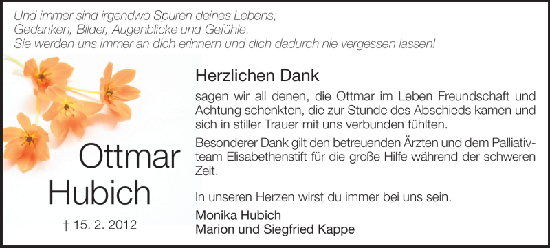  Traueranzeige für Ottmar Hubich vom 17.03.2012 aus Echo-Zeitungen (Gesamtausgabe)